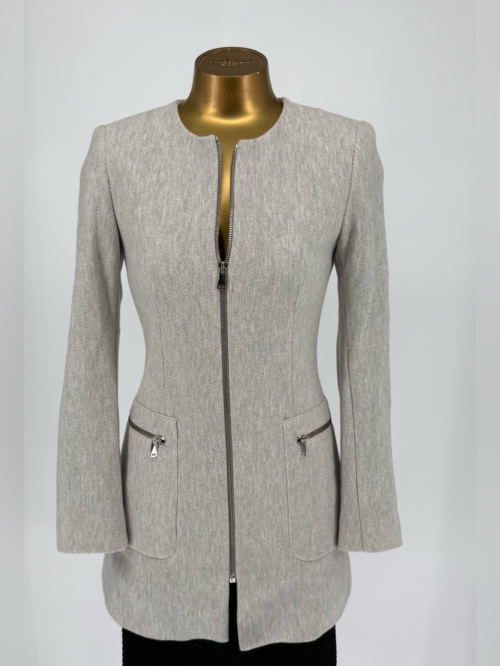 Zara Basic Tailored Zip-Front Longline Women's Jacket in Gray Herringbone Size S